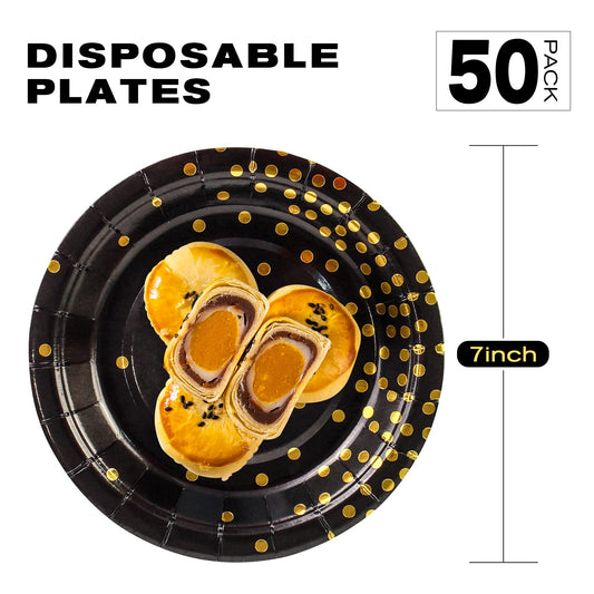 EVYIENEN 50 Pack Black and Gold Paper Plates, 7inch Metallic Foil Polka Dots Disposable Dessert Party Plates Party Supplies for Graduation Birthday Party Weddings Holiday