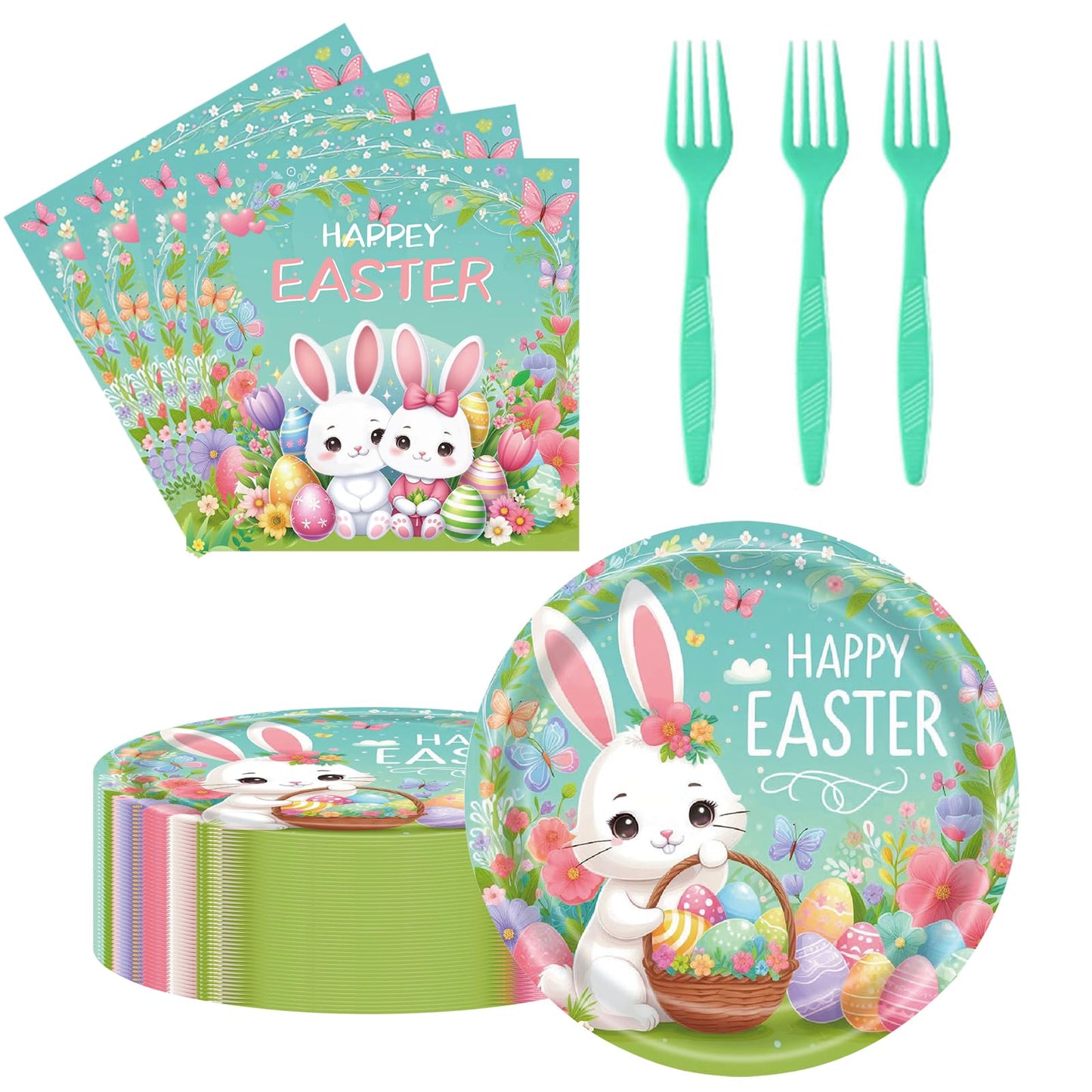 75Pcs Easter Bunny Tableware Set with Forks, 7 Inch Disposable Egg and Spring Flower Plates and Napkins, Serves 25