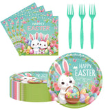 75Pcs Easter Bunny Tableware Set with Forks, 7 Inch Disposable Egg and Spring Flower Plates and Napkins, Serves 25