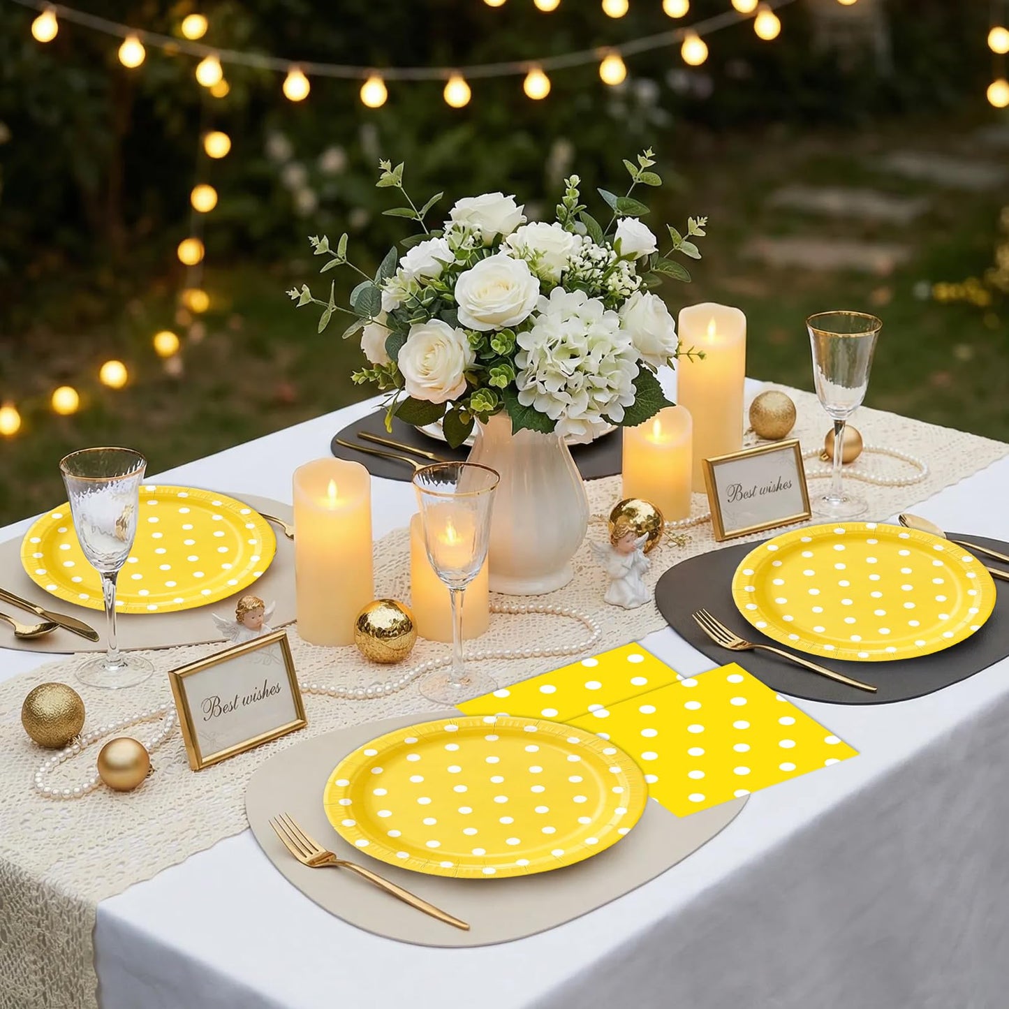 EVYIENEN 50PCS Yellow Polka Dot Paper Plates and Napkins Party Supplies, Yellow and White Party Plates and Napkins Tableware Set for Birthday Bridal & Baby Shower Wedding Party Decoration