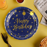 EVYIENEN 50 Pack Disposable Paper Plates 7 inch Dark Blue Gold Happy Birthday Metallic Foil Polka Dots Dessert Party Plates for Graduation Birthday Cocktail Party Weddings Holiday Christmas