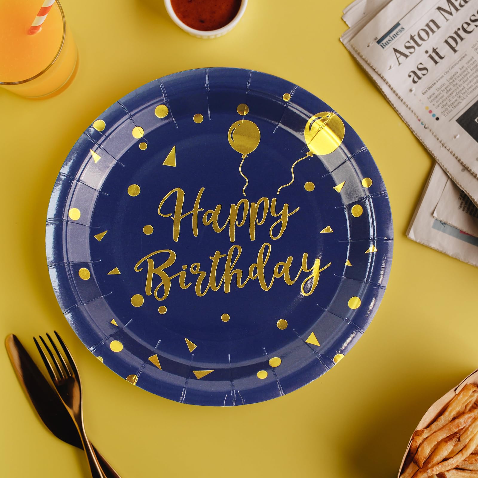 EVYIENEN 50 Pack Disposable Paper Plates 7 inch Dark Blue Gold Happy Birthday Metallic Foil Polka Dots Dessert Party Plates for Graduation Birthday Cocktail Party Weddings Holiday Christmas