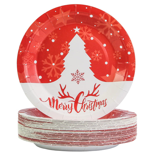 50 Pcs 7 Inch Merry Christmas Paper Plates, Red Dessert Plates with White Christmas Tree Pattern