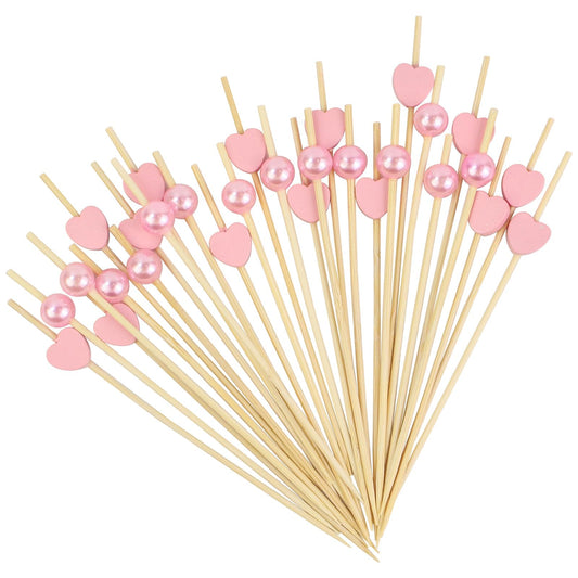 100 Pcs Heart Shaped Pearl Cocktail Picks – 4.7 Inch Bamboo Toothpicks for Cocktails, Appetizers & Valentine's Party Decoration