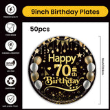 50Pcs 70th Birthday Paper Plates, 9 Inch Black and Gold Disposable Dessert Plates for Men and Women, 70th Birthday and Wedding Party