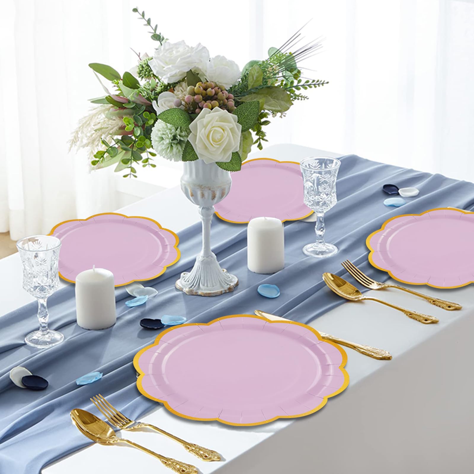 EVYIENEN 50 Pcs Purple Paper Plates,7 Inches Gold Foil Disposable Scalloped Paper Party Plates for Cake Dessert Halloween Fall Thanksgiving Birthday Wedding Baby Shower Party Decorations