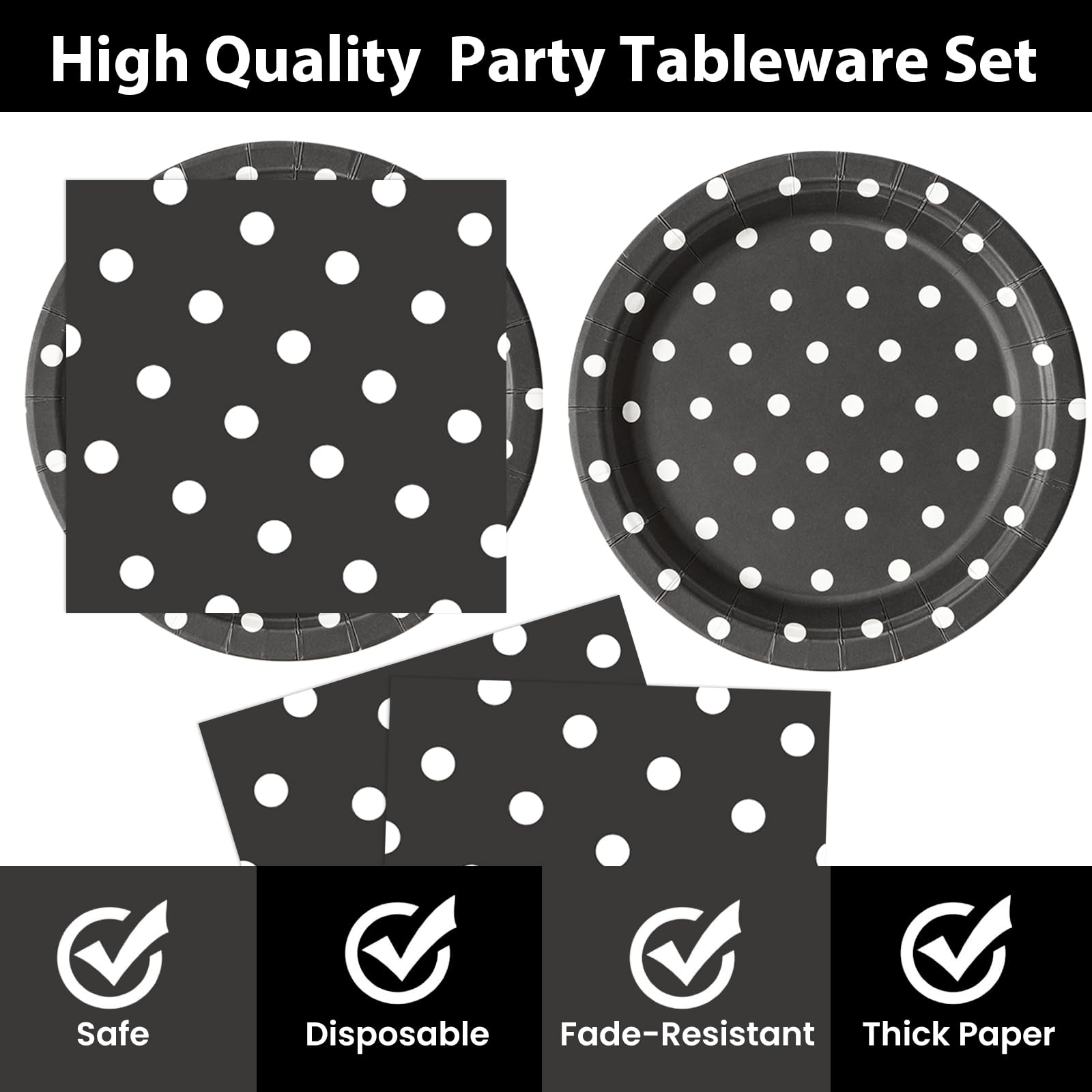 EVYIENEN 50PCS Black Polka Dot Paper Plates and Napkins Party Supplies, Black and White Party Plates and Napkins Tableware Set for Birthday Bridal & Baby Shower Wedding Party Decoration