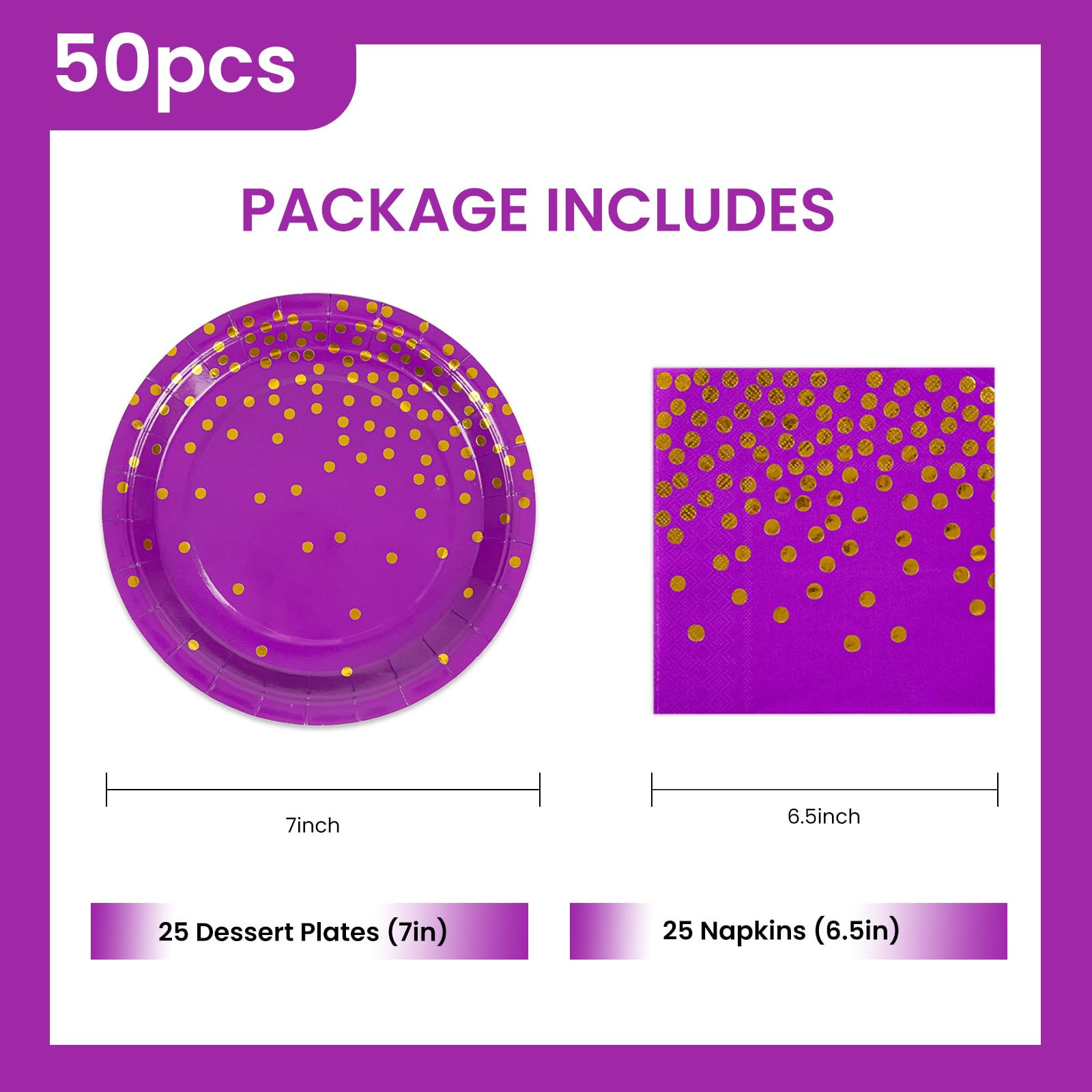 50PCS Purple and Gold Birthday Dinner Plates and Napkins Party Supplies,25 x 7 inch Purple Gold Foil Decorations Dessert Plates and 25 x 6.5 inch Napkins for Birthdays New Year Weddings Graduations