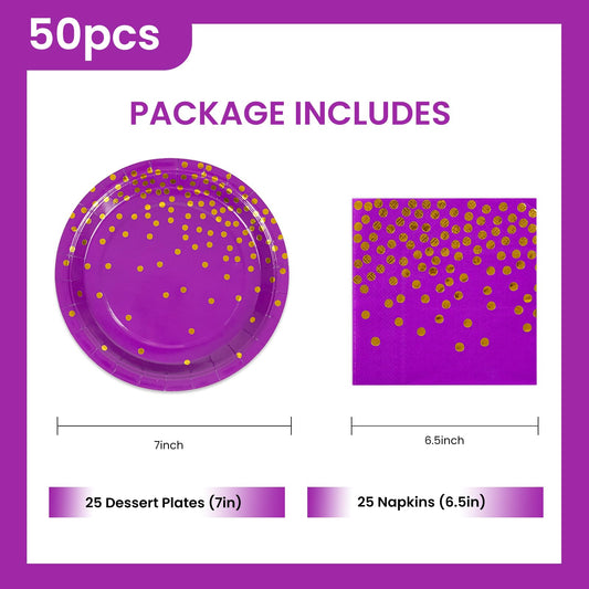 50PCS Purple and Gold Foil Dessert Plates and Napkins Set – 25x 7" Plates, 25x 6.5" Napkins for Birthdays, Weddings & Graduations