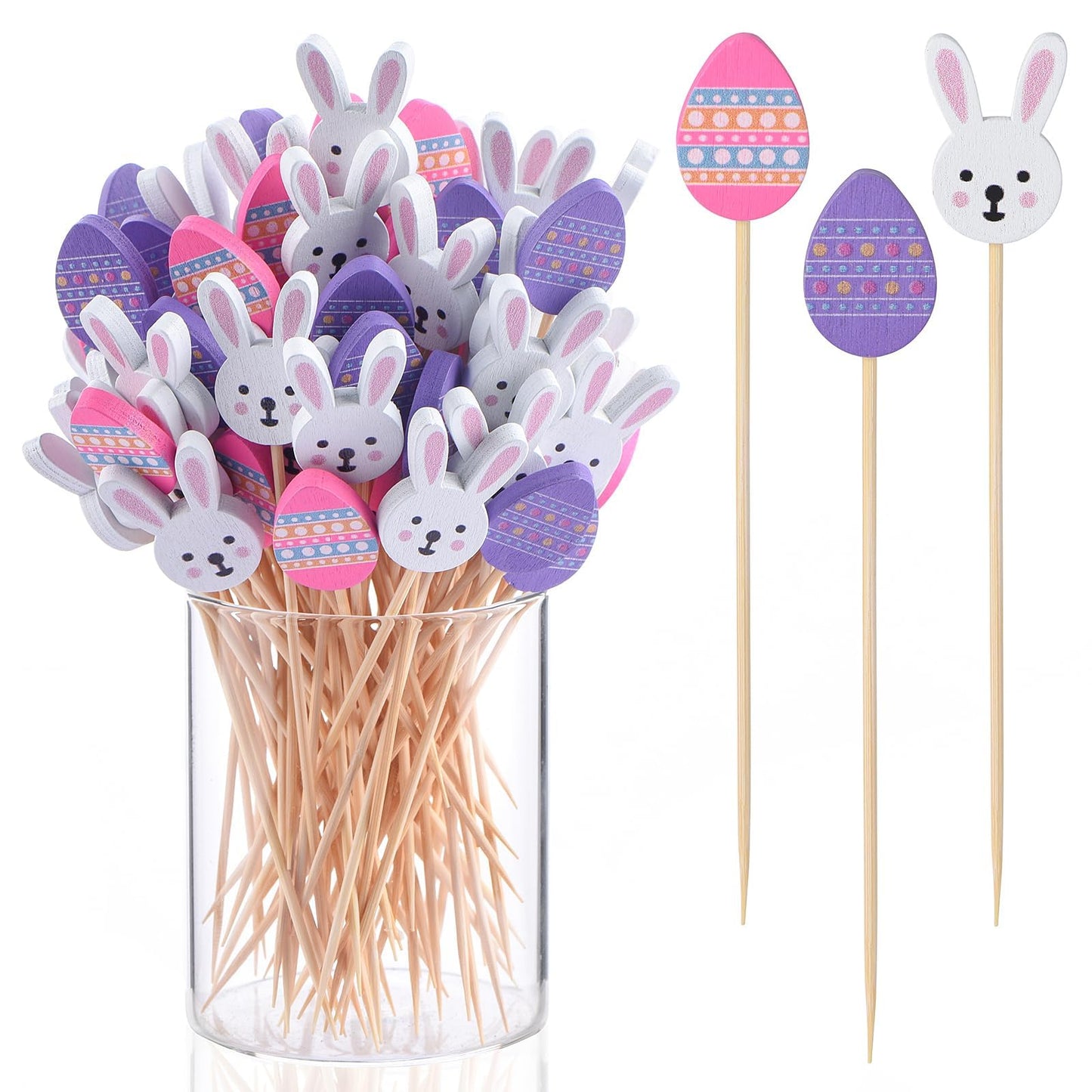 100 Pcs Easter Bunny Cocktail Picks,4.7 Inch Handmade Bamboo Sticks for Party Appetizer Charcuterie Food Sandwich Cupcake Easter Rabbit Decorations Themed Party Supplies (Easter)