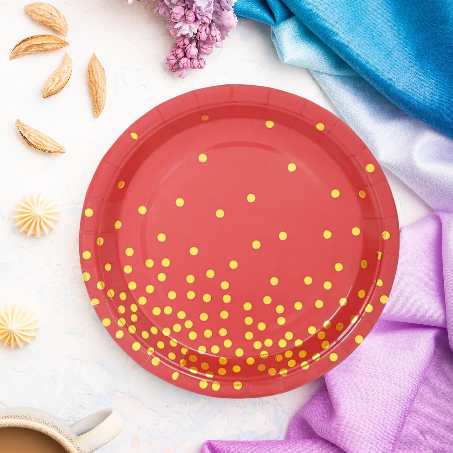 EVYIENEN 50 Pack Red and Gold Paper Plates, 7 inch Metallic Foil Polka Dots Disposable Dessert Party Plates, Perfect for Graduation, Birthday, Weddings, Holiday, Christmas