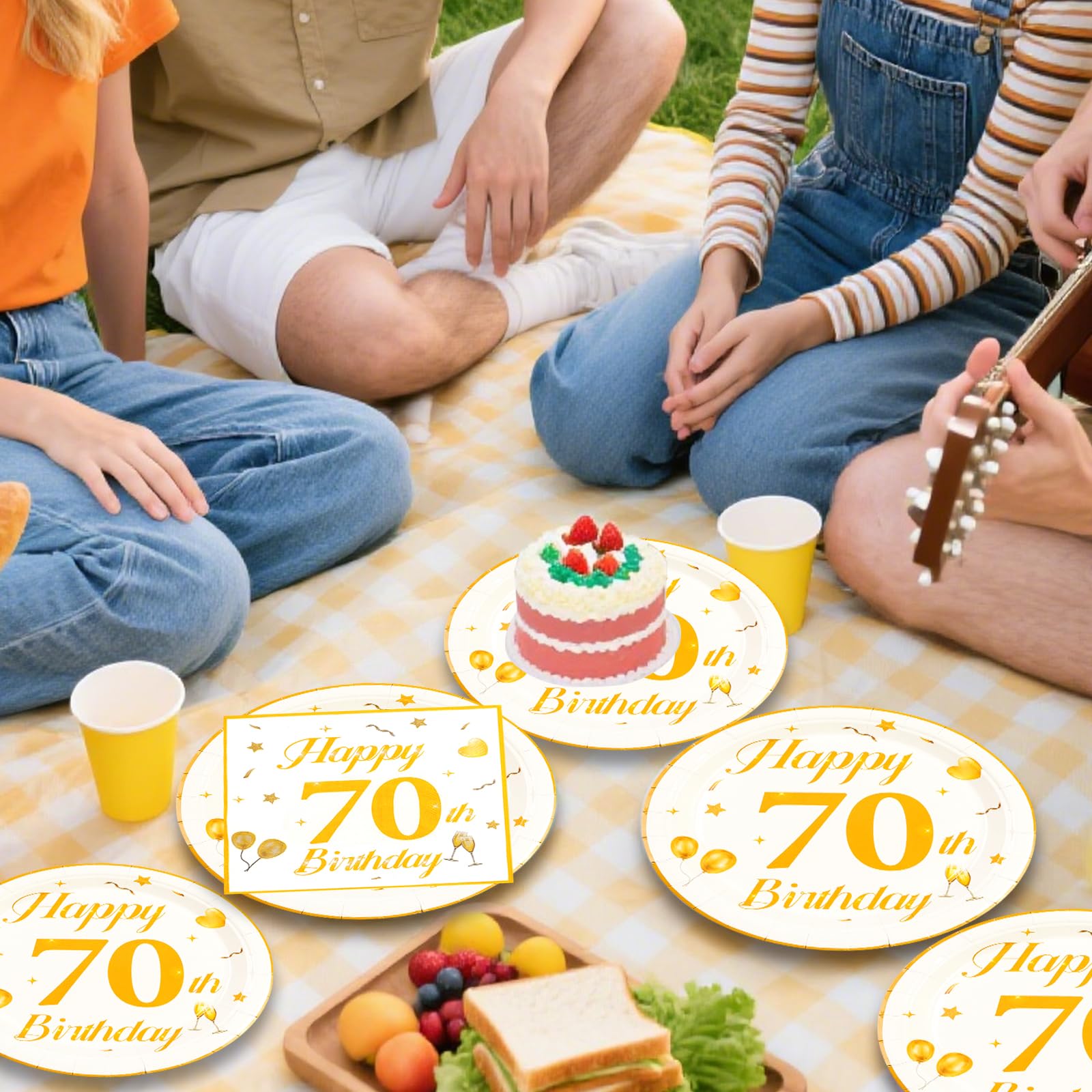 EVYIENEN 50PCS 70th Happy Birthday Plates and Napkins,7 Inch Premium Wihte and Gold Birthday Dessert Cake Plates Party and Cocktail Napkin for Men and WomenTable Anniversary Decoration