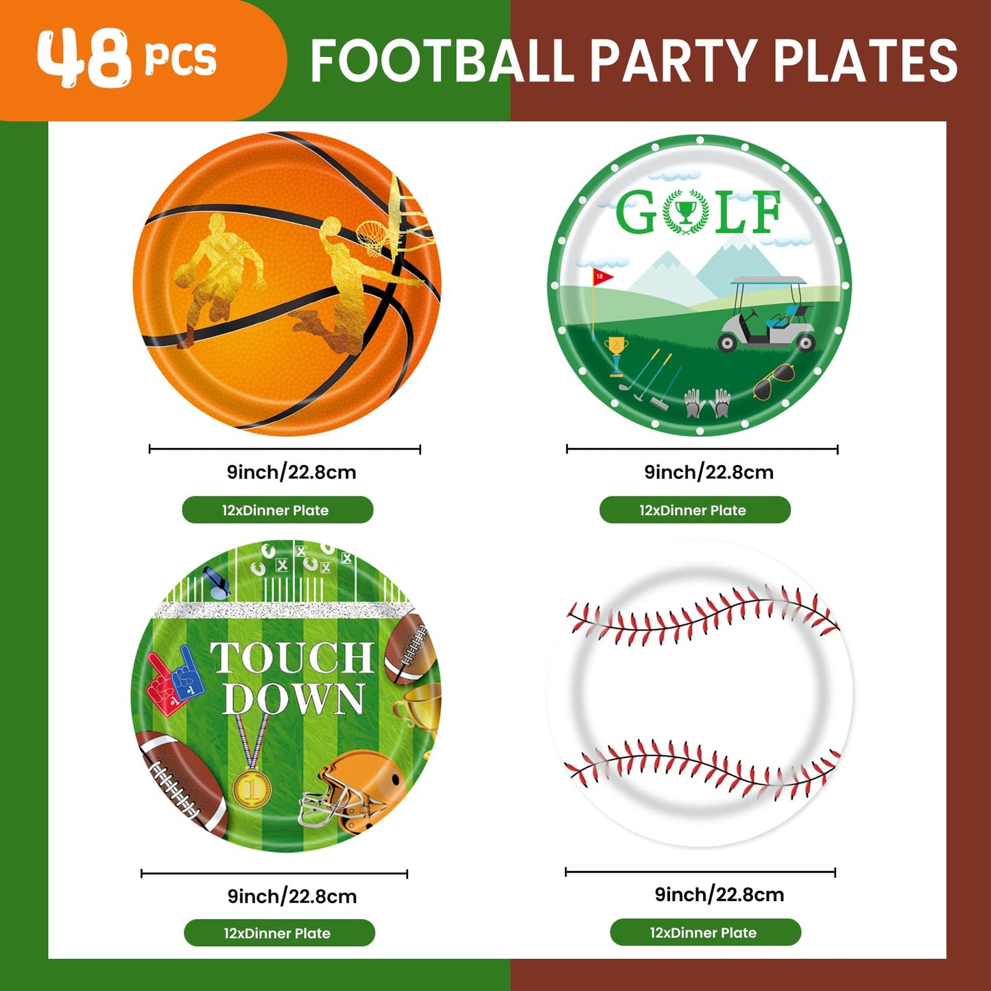EVYIENEN 48Pcs Sports Birthday Paper Plates,9inch Disposable Sports Football Basketball Golf Baseball Paper Plates in 4 Designs for Kids Birthday Party Favors Decorations