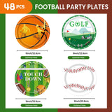 EVYIENEN 48Pcs Sports Birthday Paper Plates,9inch Disposable Sports Football Basketball Golf Baseball Paper Plates in 4 Designs for Kids Birthday Party Favors Decorations