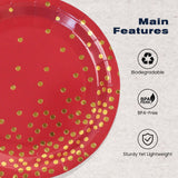 EVYIENEN 50 Pack Red and Gold Paper Plates, 7 inch Metallic Foil Polka Dots Disposable Dessert Party Plates, Perfect for Graduation, Birthday, Weddings, Holiday, Christmas