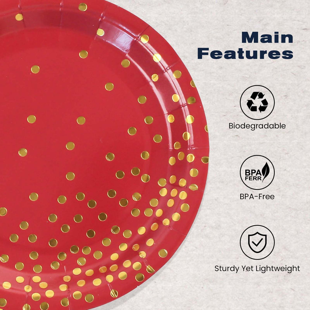 EVYIENEN 50 Pack Red and Gold Paper Plates, 7 inch Metallic Foil Polka Dots Disposable Dessert Party Plates, Perfect for Graduation, Birthday, Weddings, Holiday, Christmas — image 3