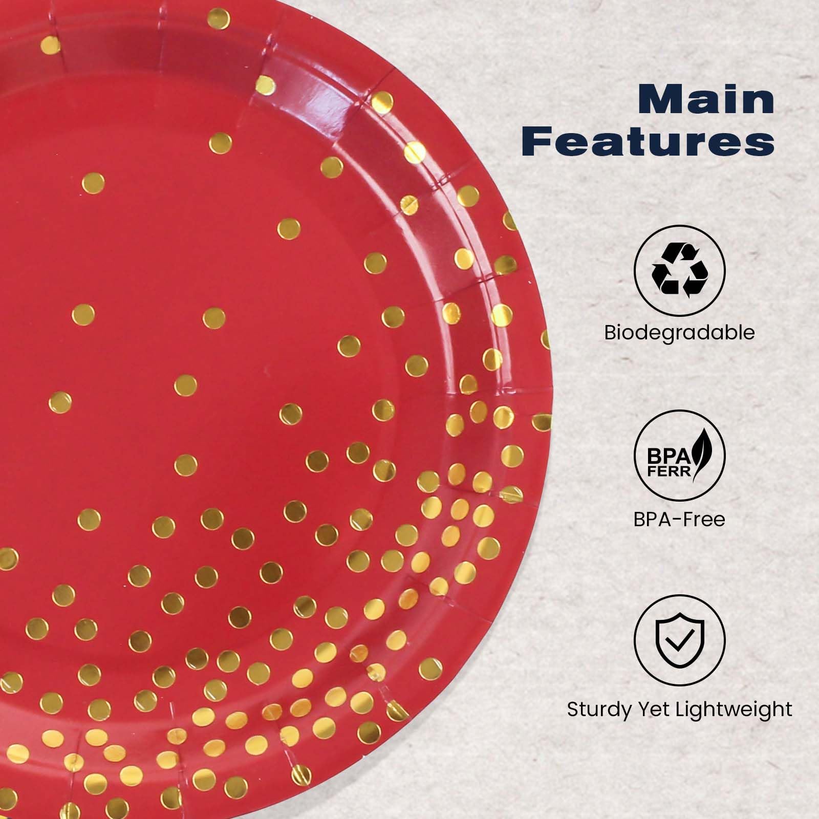 EVYIENEN 50 Pack Red and Gold Paper Plates, 7 inch Metallic Foil Polka Dots Disposable Dessert Party Plates, Perfect for Graduation, Birthday, Weddings, Holiday, Christmas