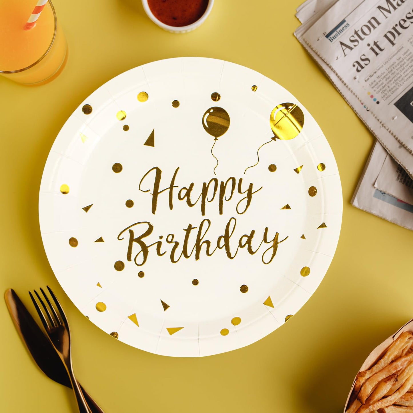 EVYIENEN Paper Plates, 50pcs Disposable Dessert Plates, White Gold Polka Dots, Biodegradable, Round, 7inch, for Birthday Decorations Party