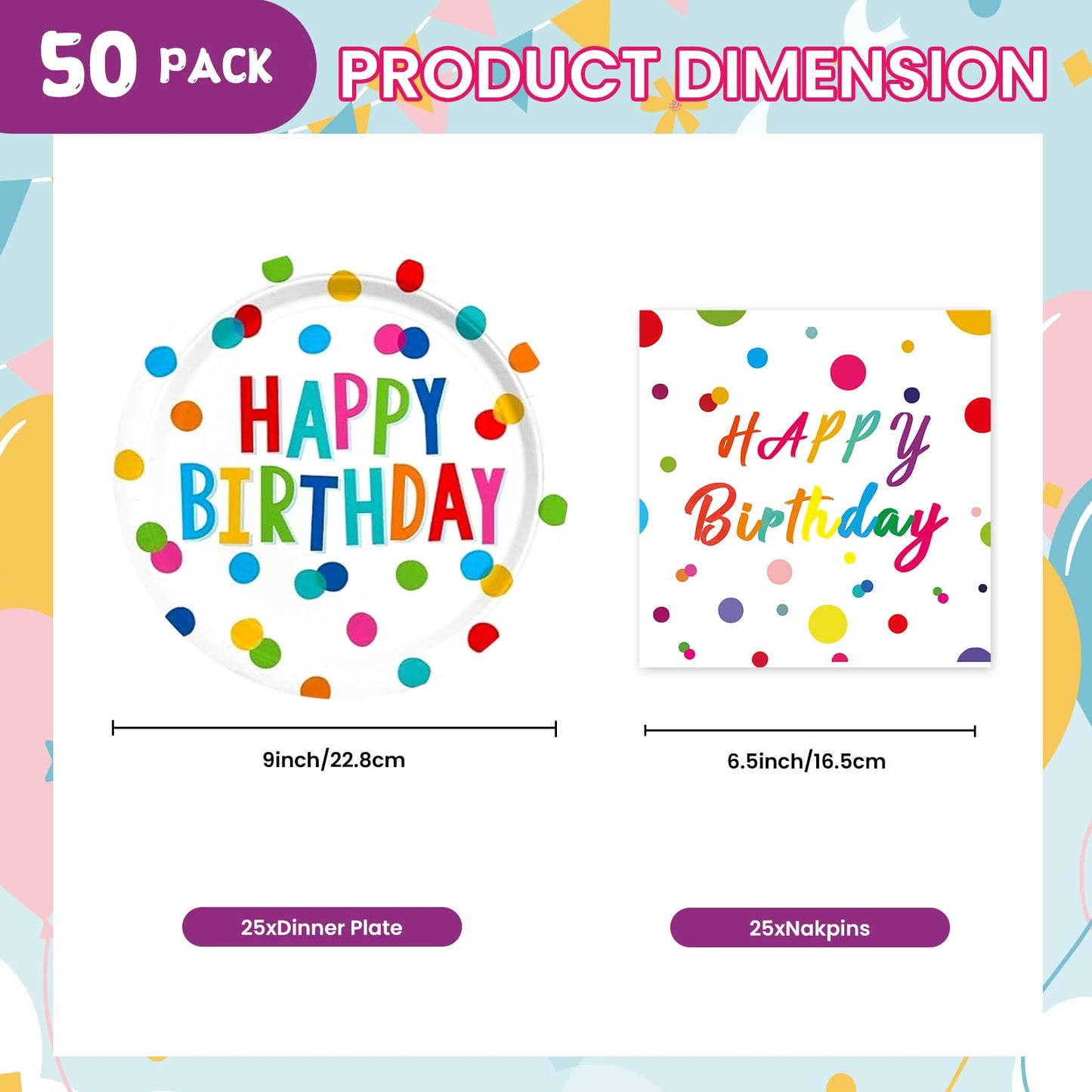 EVYIENEN 50 Pcs Happy Birthday Dots Plates and Napkins Party Supplies,Happy Birthday and Napkins Party Decorations for Birthday Plates-Serves 25