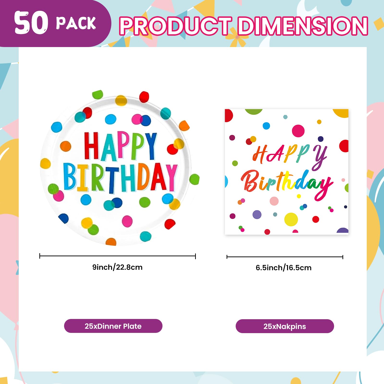 EVYIENEN 50 Pcs Happy Birthday Dots Plates and Napkins Party Supplies,Happy Birthday and Napkins Party Decorations for Birthday Plates-Serves 25
