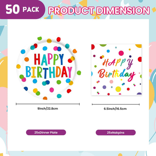 EVYIENEN 50 Pcs Happy Birthday Dots Plates and Napkins Party Supplies,Happy Birthday and Napkins Party Decorations for Birthday Plates-Serves 25