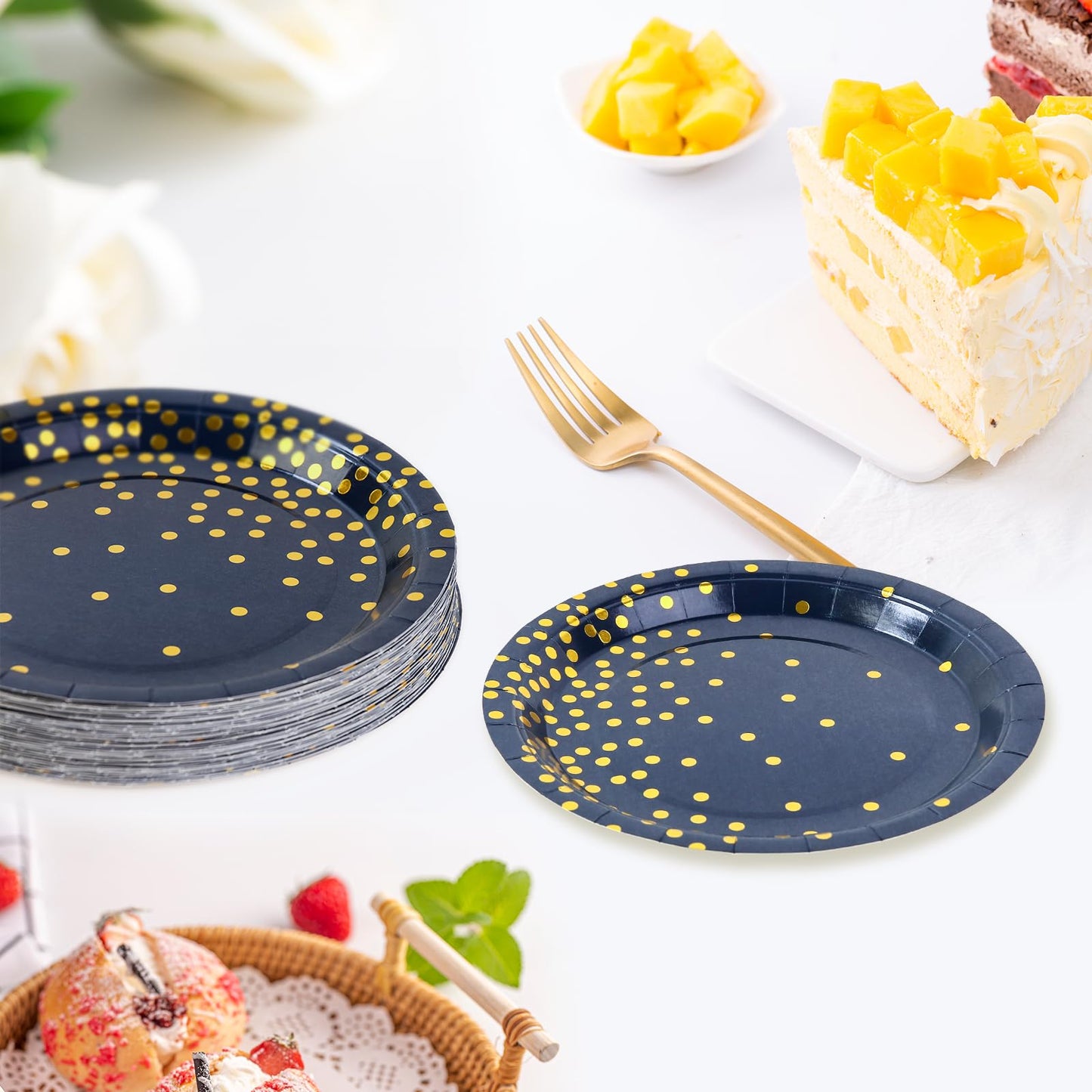 EVYIENEN 50 Pack Deep Blue and Gold Paper Plates, 7inch Metallic Foil Polka Dots Disposable Dessert Party Party Supplies Plates for Graduation Birthday Cocktail Party Weddings Holiday Christmas