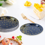 EVYIENEN 50 Pack Deep Blue and Gold Paper Plates, 7inch Metallic Foil Polka Dots Disposable Dessert Party Party Supplies Plates for Graduation Birthday Cocktail Party Weddings Holiday Christmas