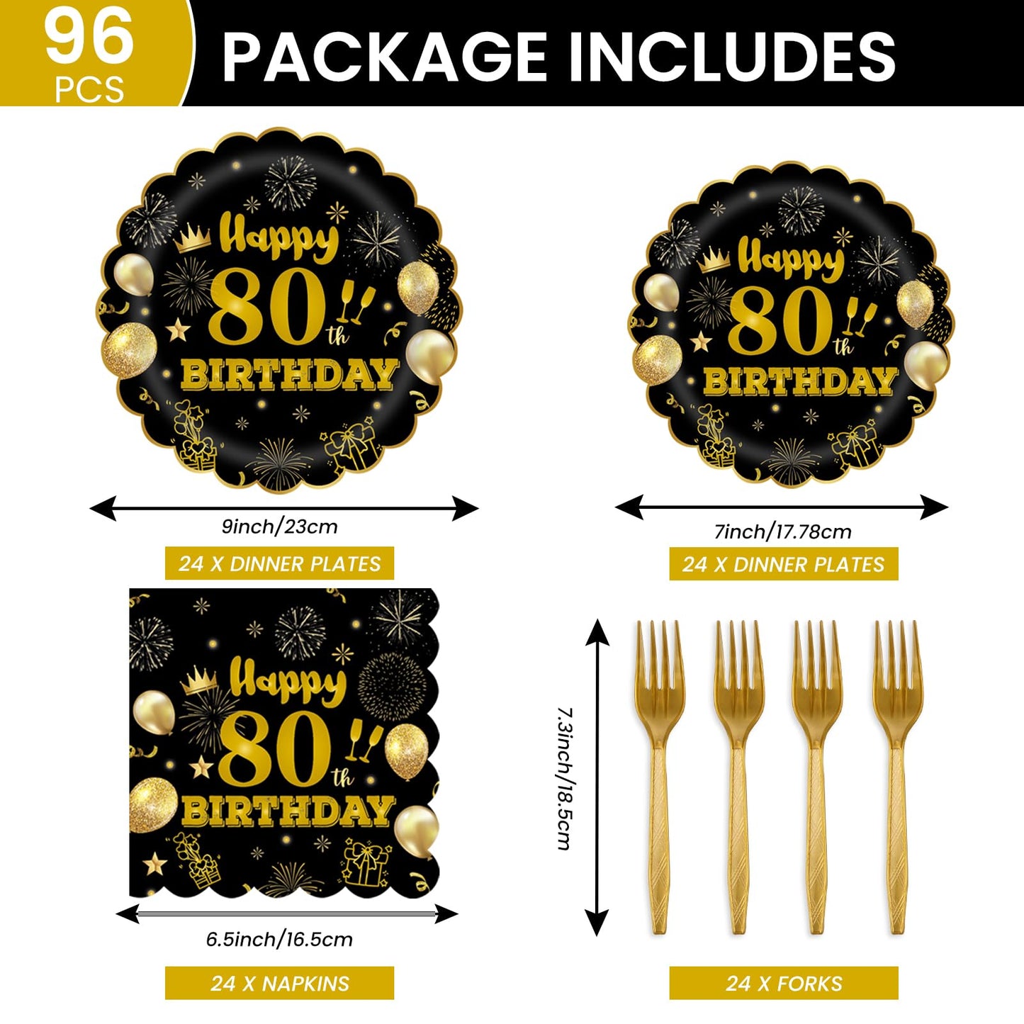EVYIENEN 96Pcs 80th Birthday Party Tableware Set,Back in 1965 Birthday Party Decorations Supplies, Disposable Black and Gold 80th Birthdays Paper Plates Napkins Forks Favors for Men Women, Serve 24