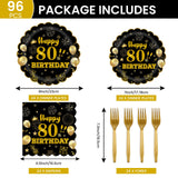 EVYIENEN 96Pcs 80th Birthday Party Tableware Set,Back in 1965 Birthday Party Decorations Supplies, Disposable Black and Gold 80th Birthdays Paper Plates Napkins Forks Favors for Men Women, Serve 24