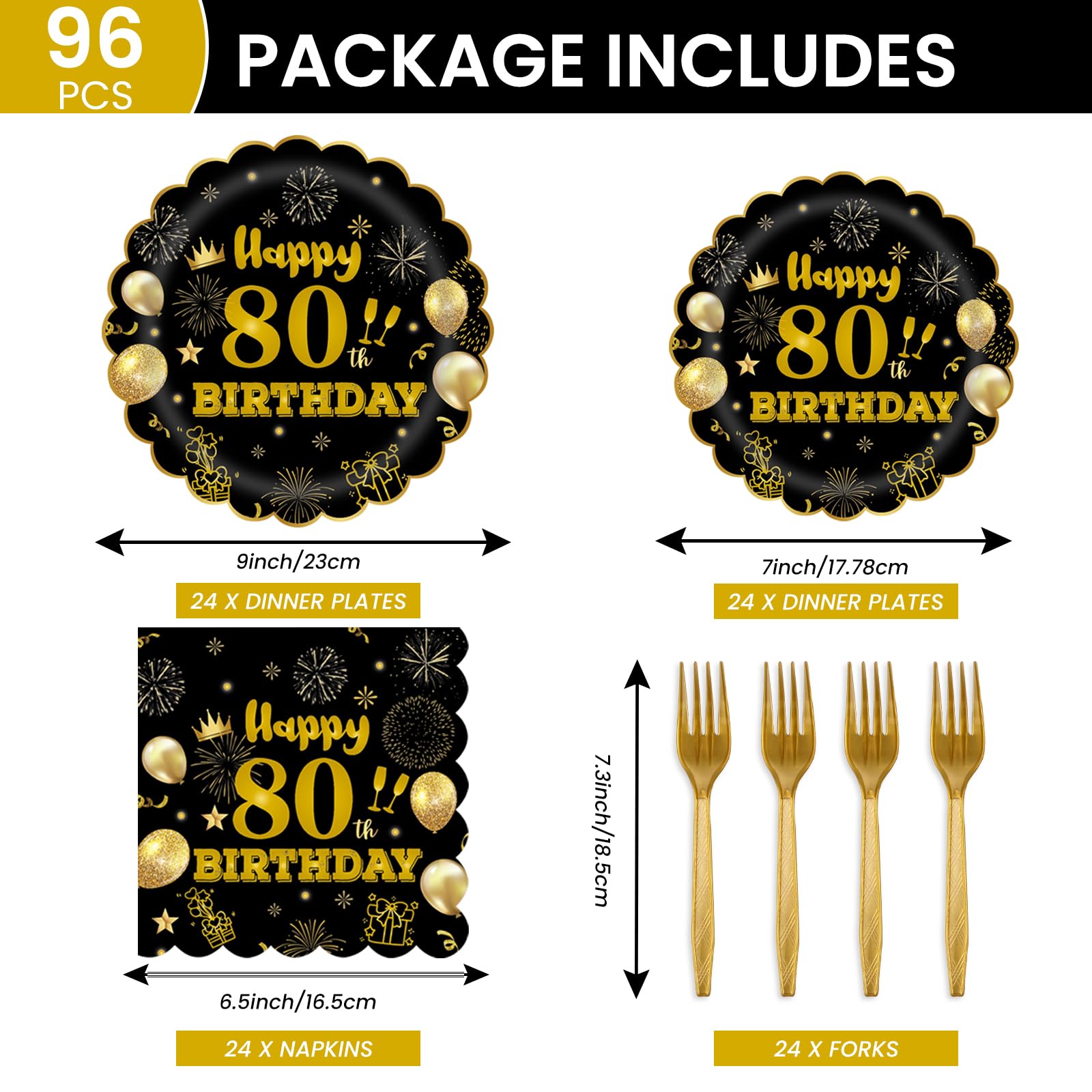 EVYIENEN 96Pcs 80th Birthday Party Tableware Set,Back in 1965 Birthday Party Decorations Supplies, Disposable Black and Gold 80th Birthdays Paper Plates Napkins Forks Favors for Men Women, Serve 24