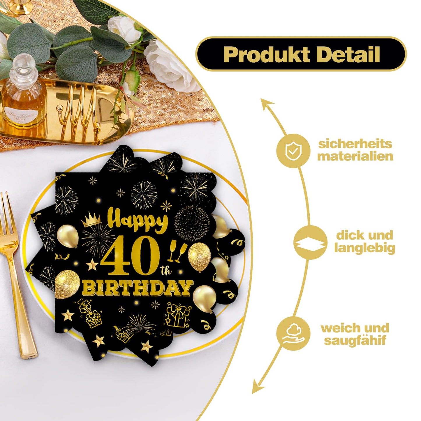 40pcs 70th Birthday Paper Napkins,13 x 13 inch Black and Gold Scalloped Dessert Cocktail Napkins Disposable Party Men Women Napkins 70th Birthday Decorations