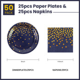 EVYIENEN 50PCS Dark Blue and Gold Dinner Plates and Napkins Party Supplies,25 x 9 Dark Blue Gold Foil Decorations Dessert Plates and 25 x 6.5 Napkins for Birthdays New Year Weddings Graduations