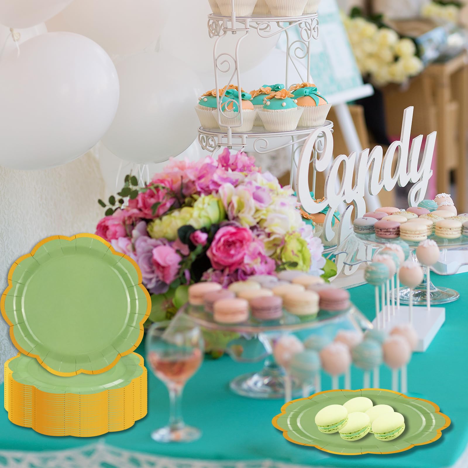 EVYIENEN 50 Pcs Sage Green Paper Plates,9 Inches Gold Foil Disposable Scalloped Paper Party Plates for Cake Dessert Halloween Fall Thanksgiving Birthday Wedding Baby Shower Party Decorations
