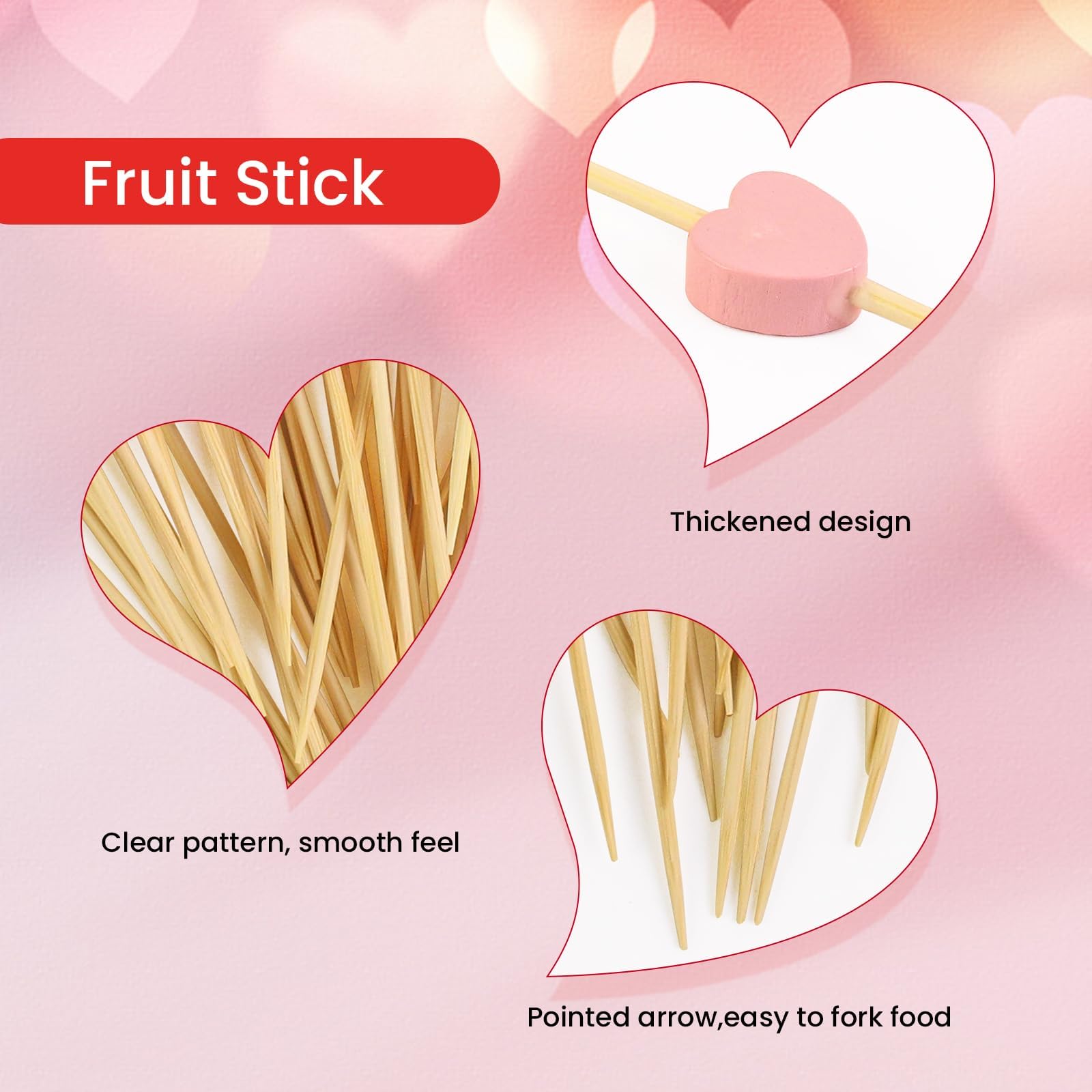 100 Counts Pink Heart Cocktail Picks，4.7 Inch Handmade Bamboo Cocktail Toothpicks for,Birthday,Wedding, Day Decoration Party Supplies