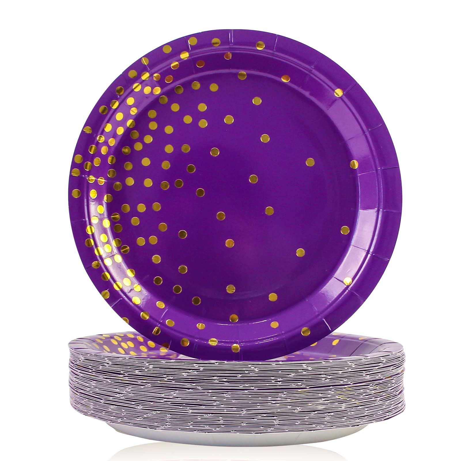 EVYIENEN 50 Pcs Purple and Gold Paper Plates, 7 inch Halloween Disposable Dessert Party Plates Party Supplies for Halloween Fall Thanksgiving Birthday Wedding Party Decorations