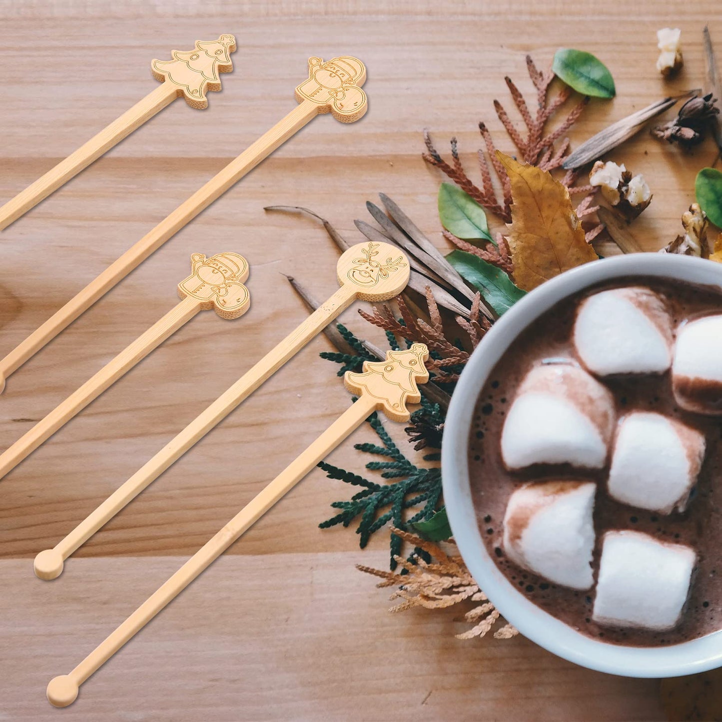 60Pcs Bamboo Coffee Stirrers, 6.9 Inch Biodegradable Christmas Drink Stirrers for Office, Lounge and Holiday Beverages