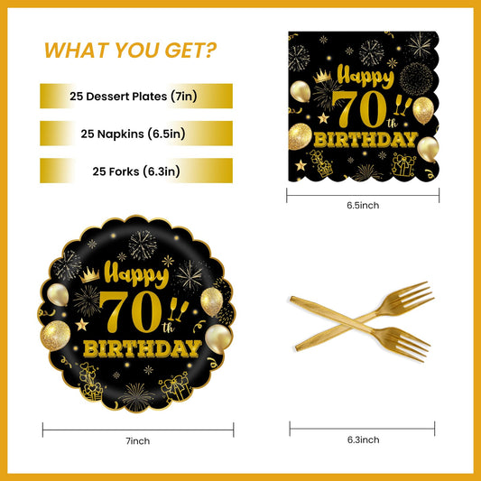 EVYIENEN 75 PCS 70th Birthday Party Supplies Paper Plates and Napkins,Black and Gold 70th Birthday Plates Napkins Tableware Set for Boys Girls Tableware Set Decorations