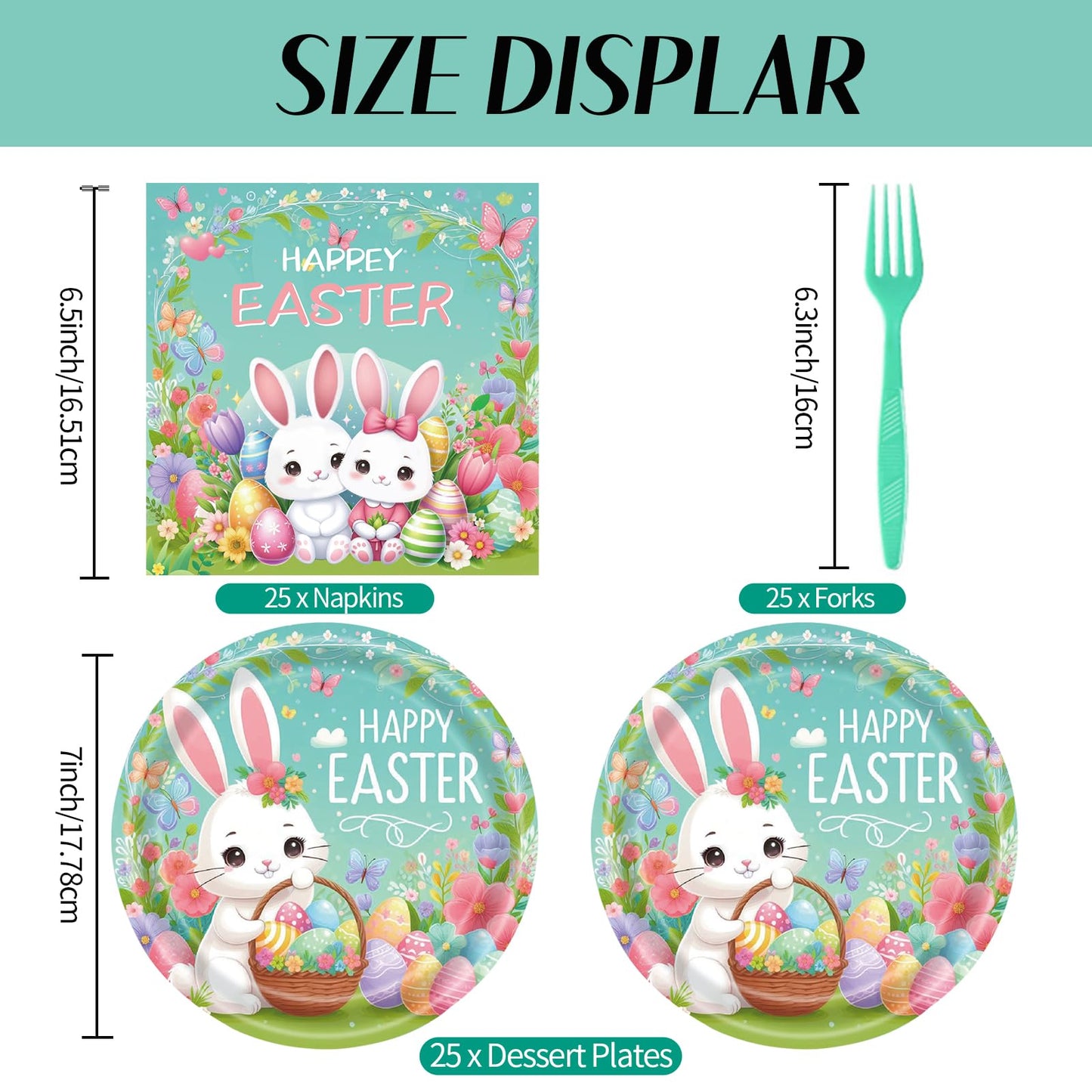 75Pcs Easter Bunny Tableware Set with Forks, 7 Inch Disposable Egg and Spring Flower Plates and Napkins, Serves 25