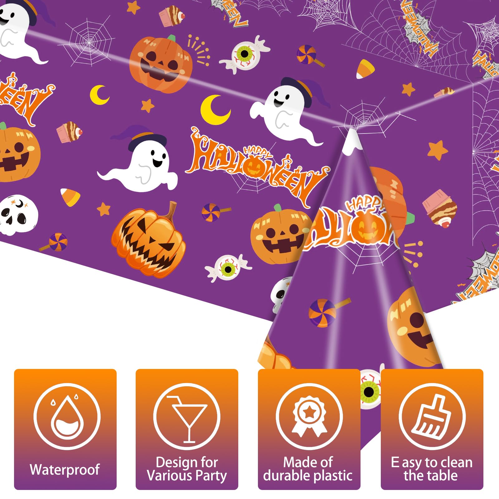EVYIENEN 3 Pack Happy Halloween Tablecloth,Halloween Cute Pumpkin Ghost Plastic Table Cloth Waterproof Disposable Rectangular for Halloweens Party Picnic Dinner Decor