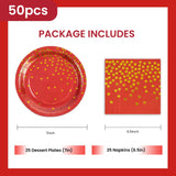 50PCS Red and Gold Birthday Plates and Napkins Party Supplies,25 x 7 Red Gold Foil Decorations Dessert Plates and 25 x 6.5 Napkins for Birthdays New Year Weddings Graduations