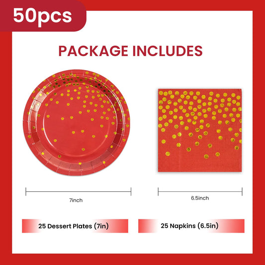 50PCS Red and Gold Foil Dessert Plates and Napkins Set – 25x 7" Plates, 25x 6.5" Napkins for Birthdays, Weddings & Graduations