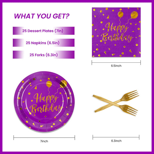 75 Pcs Purple & Gold Happy Birthday Paper Plates, Napkins & Forks Set – Disposable Party Supplies, Serves 25 for Birthdays, Weddings & Anniversaries