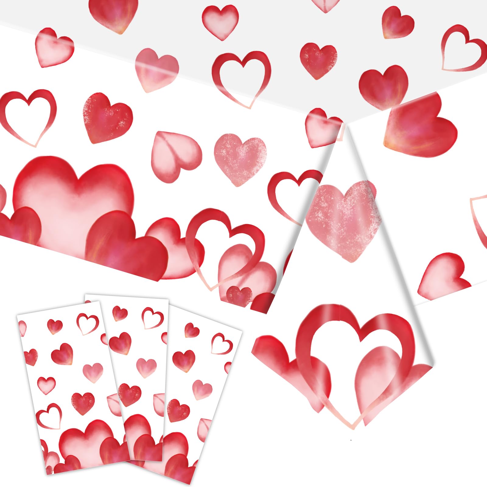 EVYIENEN 3 Pack Valentines Day Plastic Tablecloths,Disposable Red Pink Heart Love Rectangle Table Cover for Wedding Birthday Anniversary Engagement Weeding Party Supplies, 54x108 Inch
