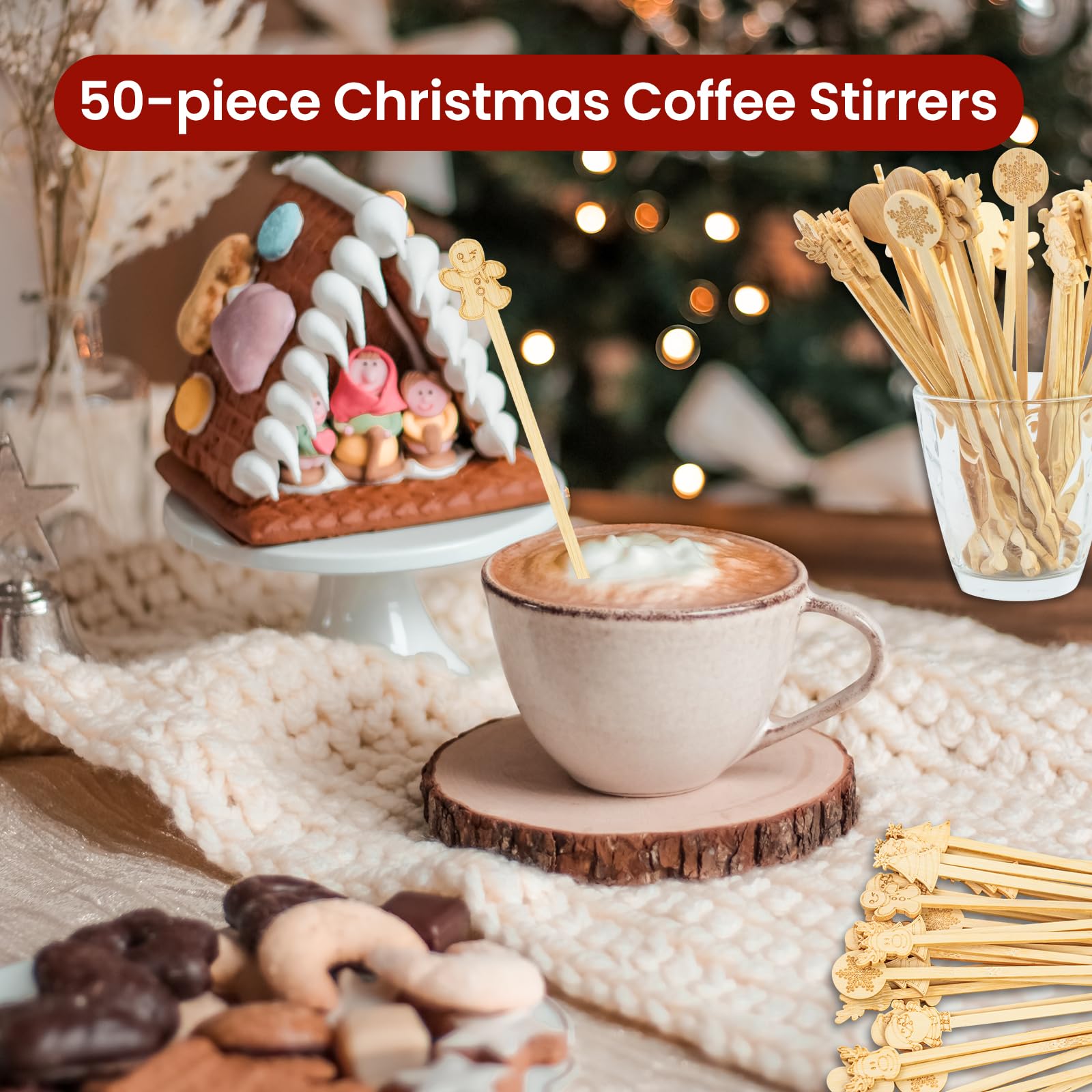 50PCS Bamboo Coffee Stirrers, 7 inch Biodegradable Disposable Christmas Coffee stirrers for Coffee Milk Christmas New Year Office Hot Chocolate Bar Supplies