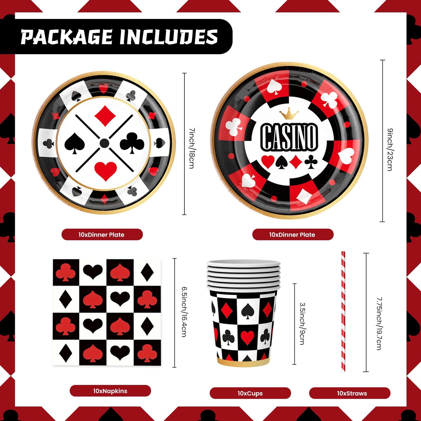 50PCS Casino Poker Tableware Set, Includes Straw Cups, Plates, Napkins - Disposable Party Supplies for Birthday, Weddings