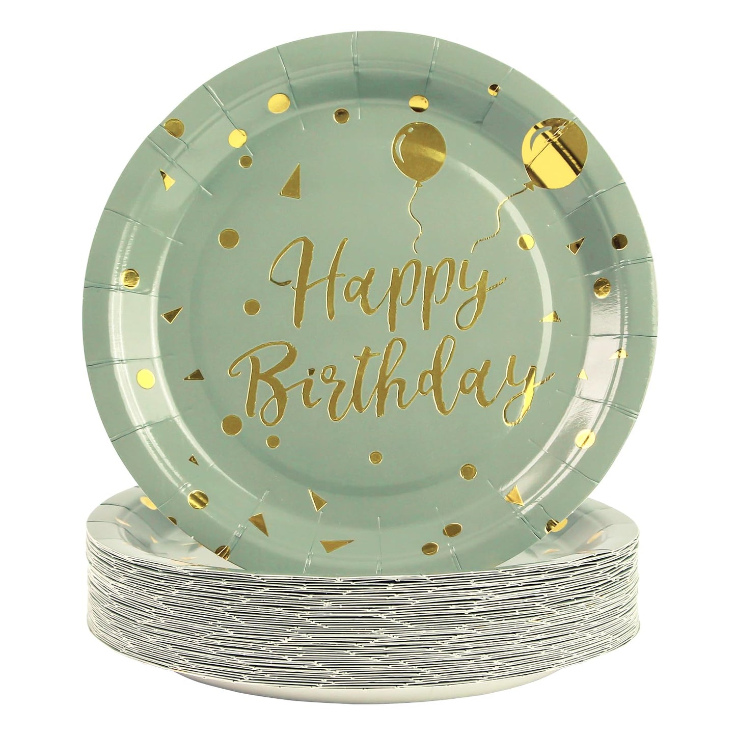 50 Pack Sage Green and Gold Happy Birthday Paper Plates, 7 inch Metallic Foil Polka Dots Disposable Dessert Party Supplies Plates for Graduation St Patricks Wedding Holiday Christma Party Decorations