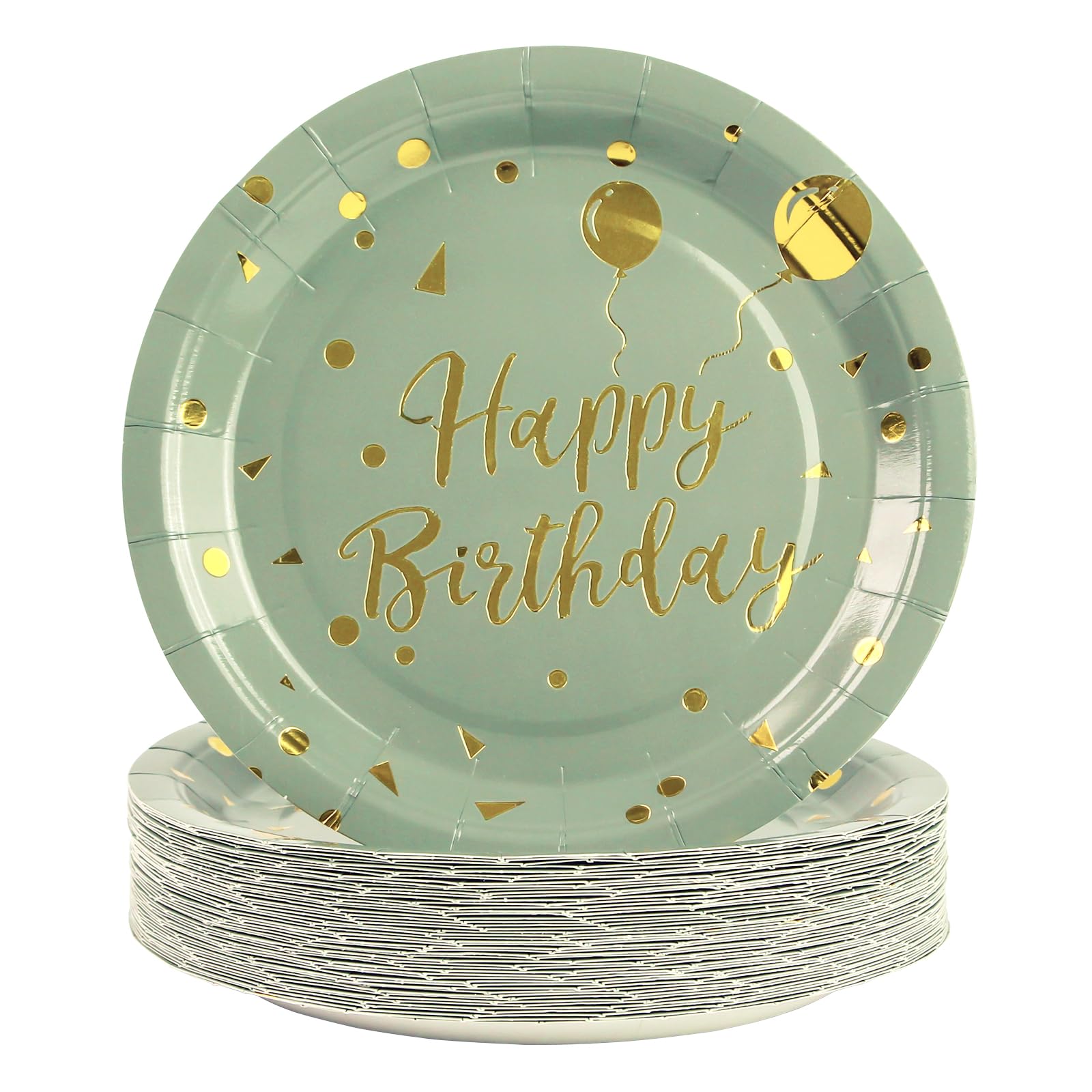 50 Pack Sage Green and Gold Happy Birthday Paper Plates, 7 inch Metallic Foil Polka Dots Disposable Dessert Party Supplies Plates for Graduation St Patricks Wedding Holiday Christma Party Decorations