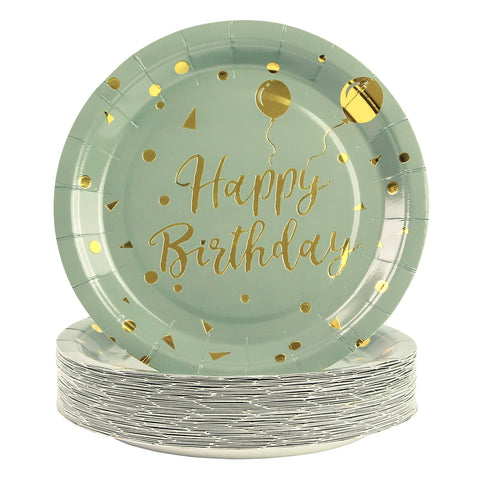 50 Pack Sage Green and Gold Happy Birthday Paper Plates, 7 inch Metallic Foil Polka Dots Disposable Dessert Party Supplies Plates for Graduation St Patricks Wedding Holiday Christma Party Decorations