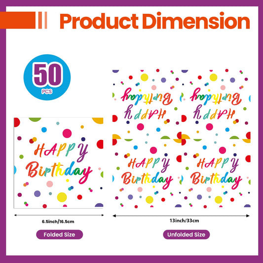 50 Pieces Happy Birthday Dots Paper Napkins,13 x 13 Inch Disposable Happy Birthday Party Luncheon Cocktail Napkins Theme Decorations Party Decoration