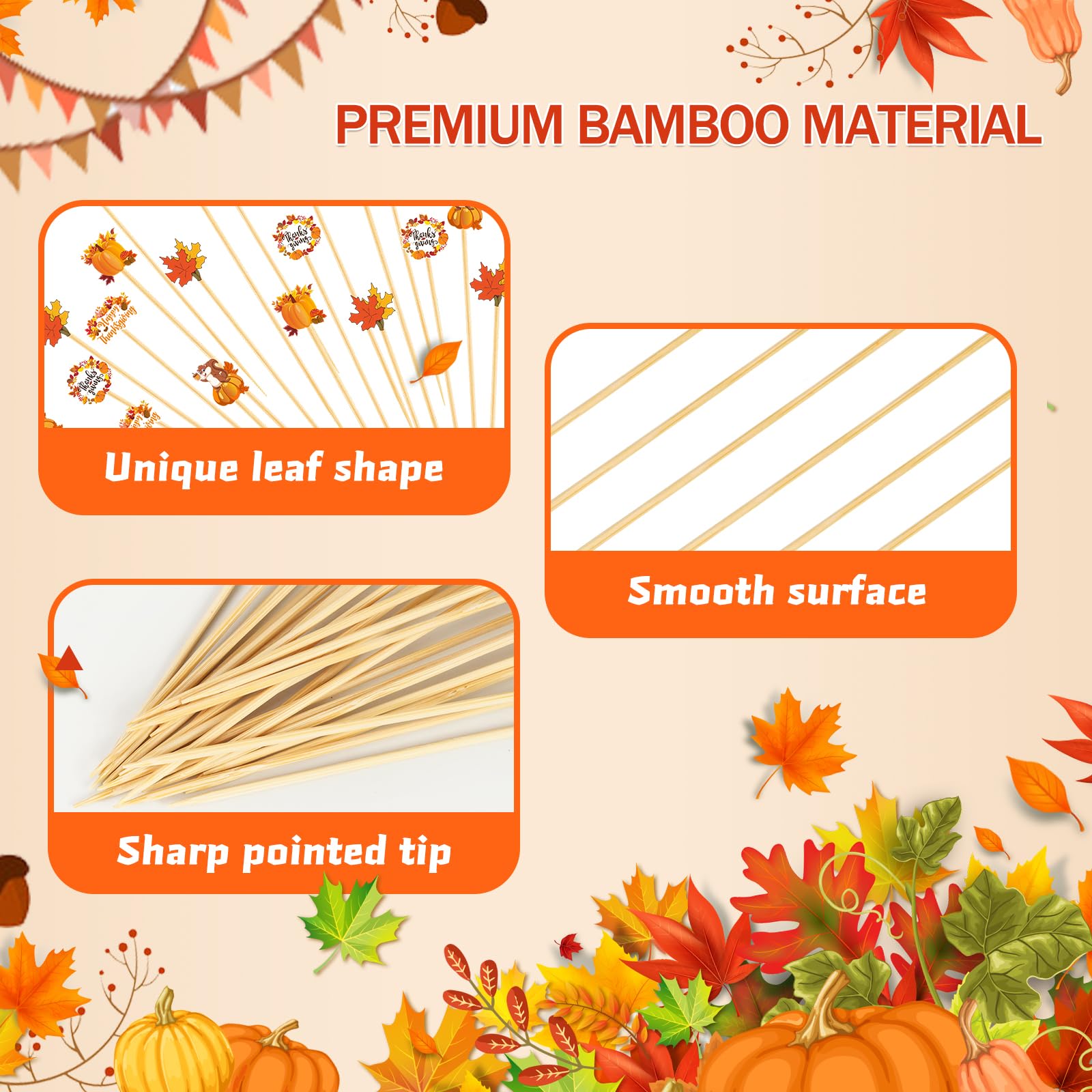 150PCS Thanksgiving Cocktail Picks,Autumn Theme Turkey Squirrel Pumpkin Maple Leaf Bamboo Cocktail Toothpicks Fruit Skewers Drink Dessert for Thanksgiving Day Party Decoration